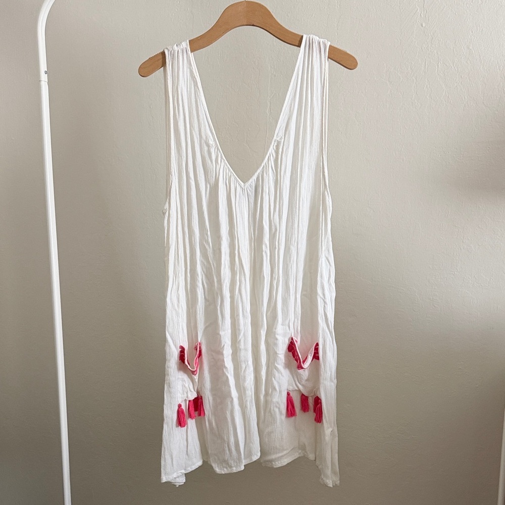 White V-Neck Sleeveless Dress/ Swim Cover Up with Pink Tassel Pockets